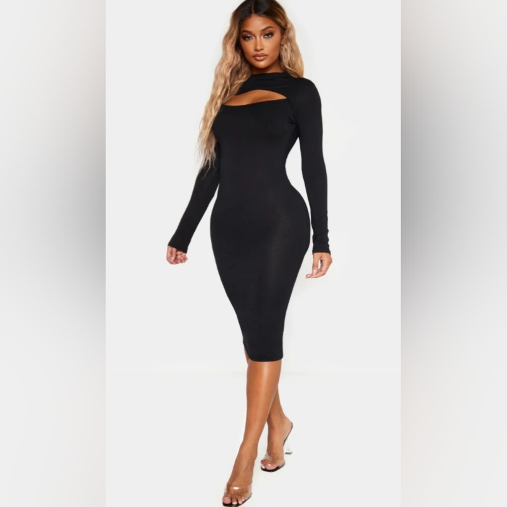 Shape Black Jersey Cut Out Long Sleeve Midi Dress